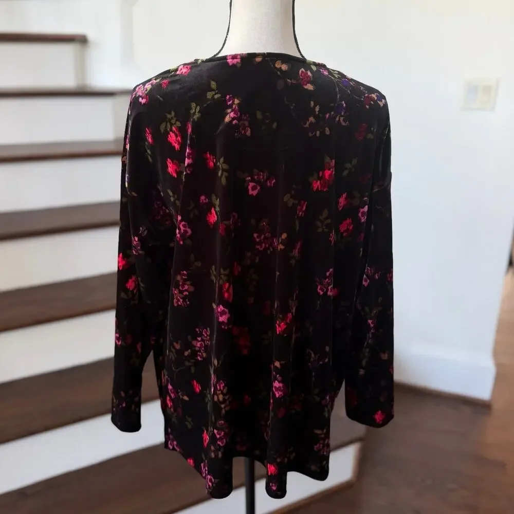J.Jill Black Crushed Velvet Pink Floral Print Long Sleeve Crewneck T-Shirt